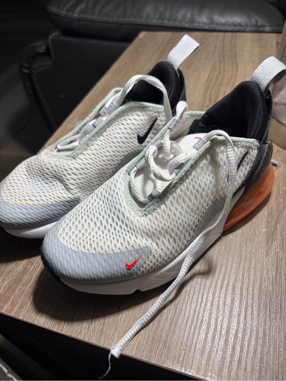 Nike Kids White Mesh Sneakers with Orange Air Cushion and Small Red Swoosh